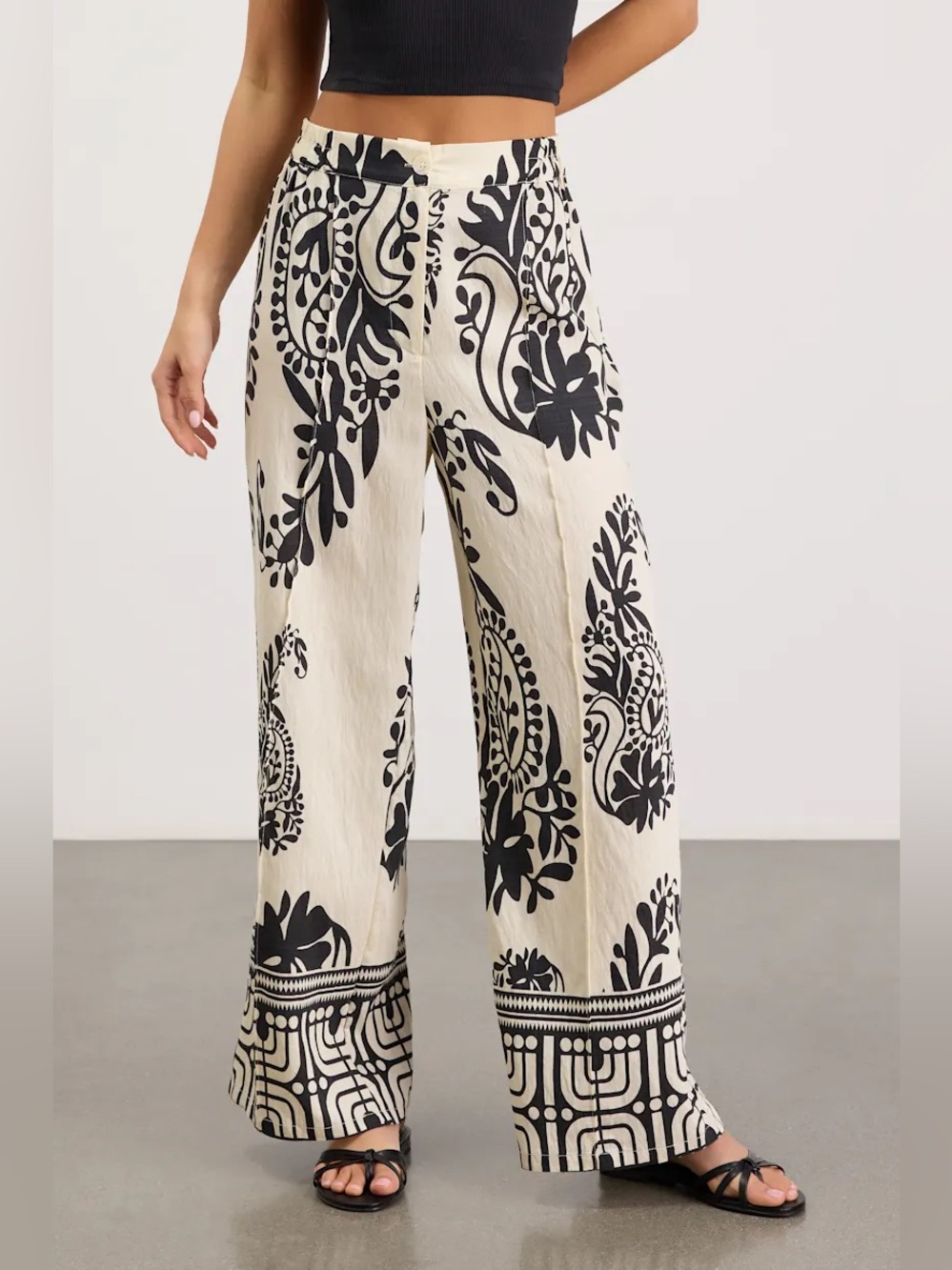 Lulus Gaia Ivory and Black Boho Print Wide-Leg Pants
